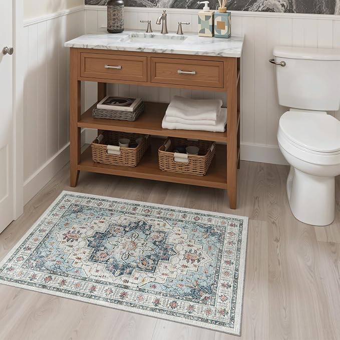 Madane Washable Area Rug 2x3 Small Entryway Rugs Non-Slip, Blue | Vintage Stain-Resistant Door Mat Indoor Entrance, Low Pile Floor Carpet for Inside Front Bedroom Kitchen Entry Laundry, Stair