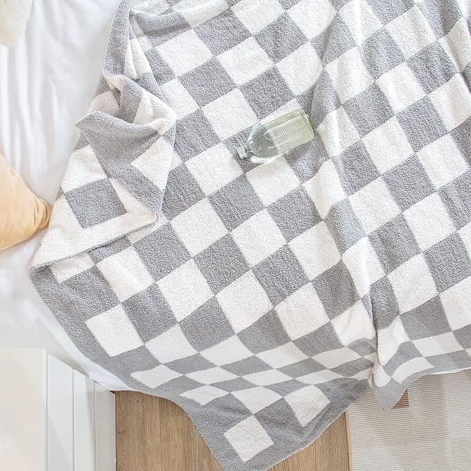SeaRoomy Fuzzy Checkered Throw Blanket for Couch,Light Grey 51"X63" | Warm,Cozy,Fluffy,Lightweight,Gift for Women Couch Sofa Bed Room Decor