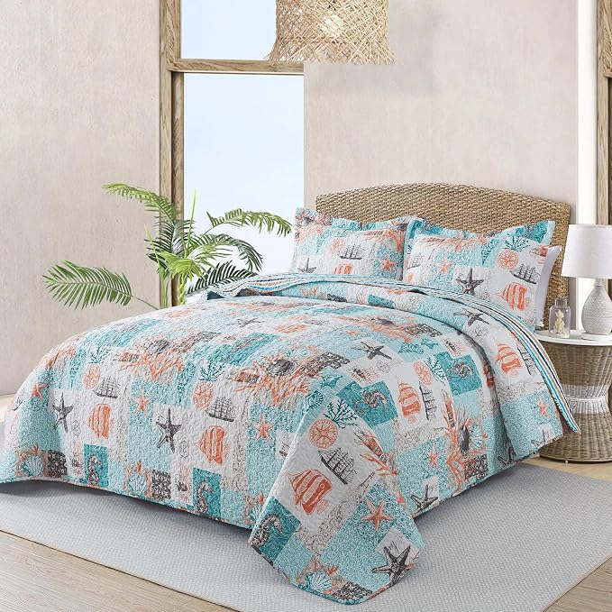 NEWLAKE Quilt Bedspread Sets - West Coastal Pattern Reversible Coverlet Set, Queen Size
