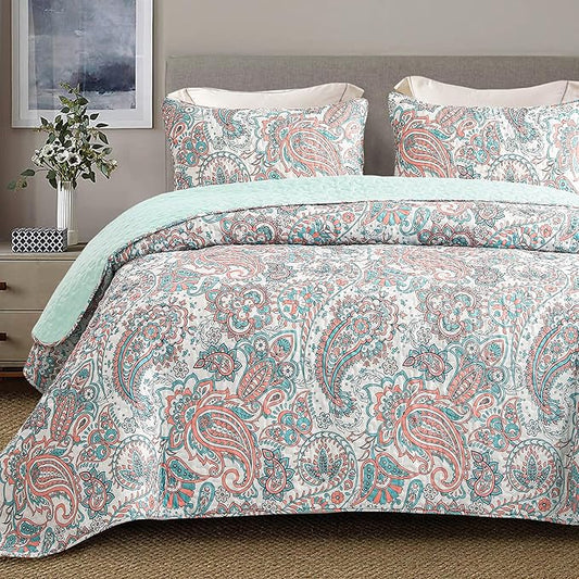 Exclusivo Mezcla Reversible Boho Quilt King Size Aqua | Lightweight Soft Bedspreads, All Season Paisley Coverlet Bedding Set, Printed Floral Pattern, 1 Quilt and 2 Pillow Shams
