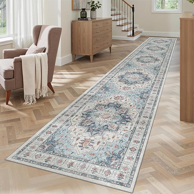 Madane Washable Runner Rugs 2x12 Long for Hallway Kitchen Soft, Blue | Non-Slip Vintage Printed 12ft Rug Runners with Rubber Backing, Thin Low-Pile Floor Carpet Laundry Room Entryway, Corridor