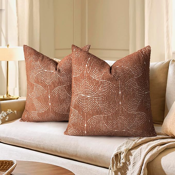 AELS Boho Decorative Textured Throw Pillow Covers 22x22, Modern Mid Century Rainbow Tufted Pillow Case, Farmhouse Rustic Geometric Woven Cushion Case for Bed Couch Sofa, Burnt Orange