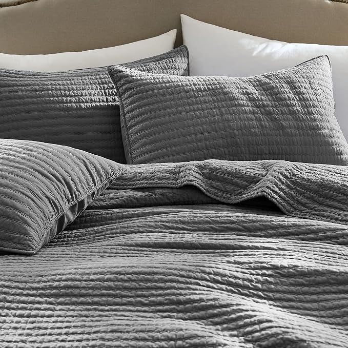 WDCOZY 100% Cotton Oversized King Size Quilt Set - Grey California Cal King Striped Pick Stitch Soft Lightweight Bedspread, Textured Like Linen, Farmhouse Country Rustic Coverlet, 3 Pieces