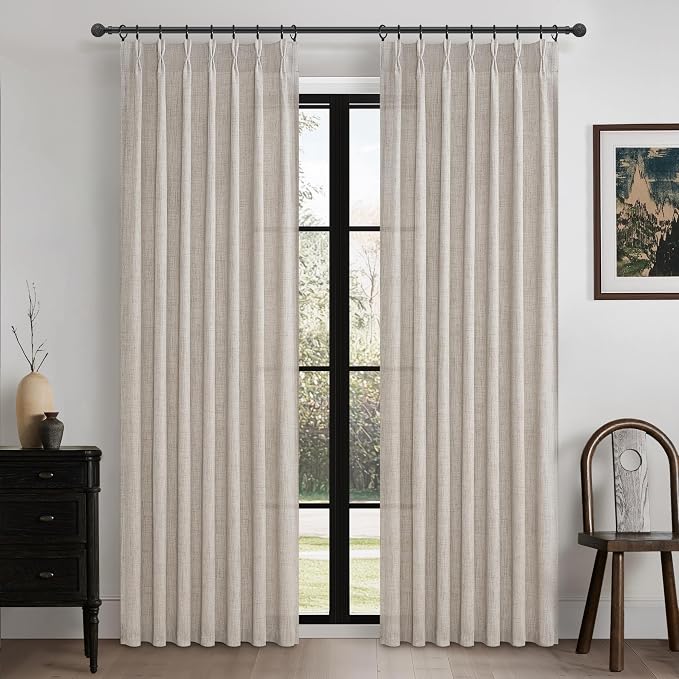 Semi Sheer Natural Linen Greyish Brown Curtains 86 Inches Long 2 Panels Set for Dining Room, Memory Trained Pinch Pleated Light Filtering Privacy Non See Through 84-86 Inch Textured Windows Drapes
