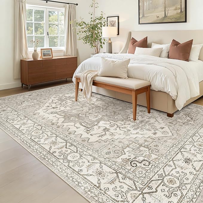 Madane 5x7 Area Rugs for Living Room, Non-Slip Washable Rug, Beige/Brown | Ultra-Thin Stain Resistant Vintage Large 5'X7' Carpet, Soft Low Pile Floor Mat For Bedroom Dining Room Office Home Decor