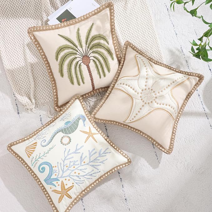 LUOYEHK Tropical Starfish Pillow Covers 18X18 Inch Set of 2 Beige Embroidered Throw Pillow Covers with Jute Rope Summer Decorative Pillowcase Square Cushion Covers for Couch Sofa Bed Home Decor