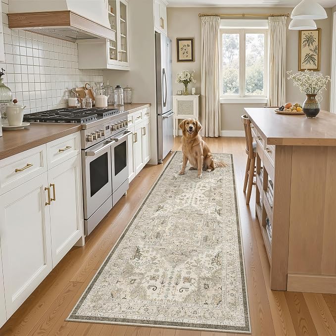 Madane Kitchen Runner Rug 2x7 with Rubber Backing Non Slip, Ivory/Brown | Vintage Ultra-Thin Machine Washable Hallway Rugs 7 ft, Soft Low-Pile Throw Carpet Runners for Bedroom Bathroom Laundry Room