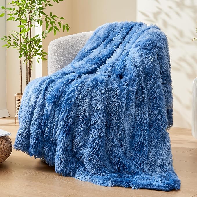 GONAAP Fuzzy Faux Fur Twin Blanket for Couch, Indigo, 60"x80" | Warm Cozy Plush Shaggy Decorative Reversible Thick Non-Heated Fleece Blanket for Sofa Bed, Gift for Women Men, All Season Use