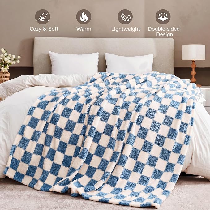 Blue Checkered Throw Blanket, Soft Plush Microfiber Fleece Blanket for Couch Sofa Travel, Cozy Decorative Home Blanket, All Season, 50x70 Inches