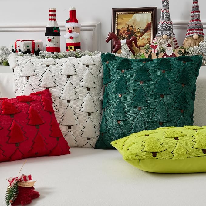 UGASA Christmas Tree Pillow Covers 18x18 Inch Set of 2 Soft Plush Faux Fur Luxury Embroidery Decoration Pillowcases for Couch Sofa Holiday Festivals Winter Xmas Gift, Green