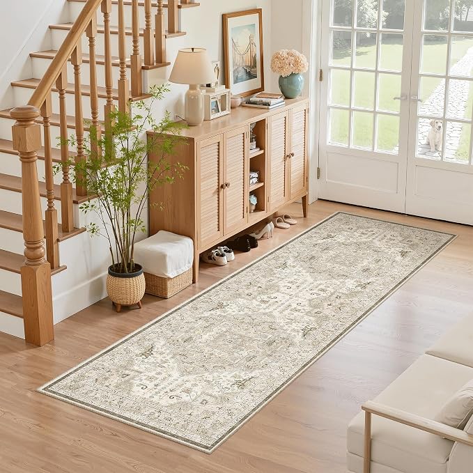 Madane Hallway Runner Rug 2x5 Washable Entry Rugs Non-Slip, Ivory/Brown | Vintage Printed Low-Pile Kitchen Runners, Soft Low-Pile Stain-Resistant Throw Carpet for Bedroom Entrance Laundry Room 2'x5'