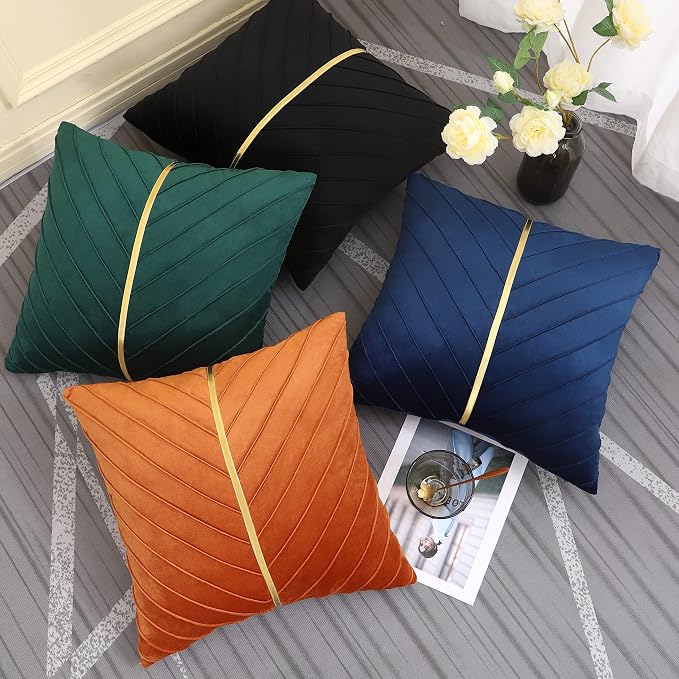 Velvet Throw Pillow Covers 26x26 Pack of 2 Gold Decor Dark Green