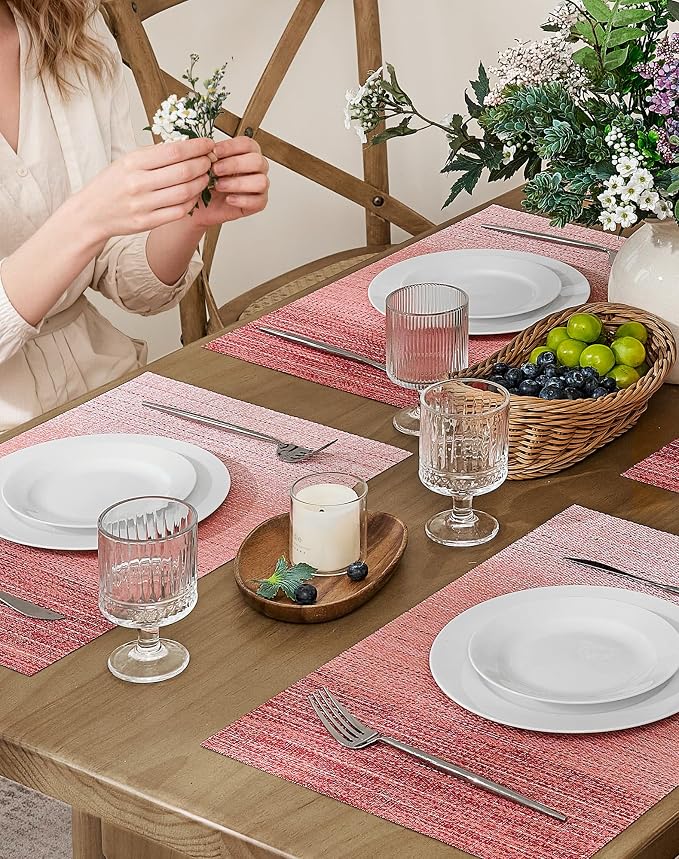 Leetaltree Gradient Pink Woven Placemats Set of 6 - Heat Resistant Non-Slip Place mats for Dining Table, Washable Durable PVC Vinyl Woven Table Mats(Gradient Pink, 6)