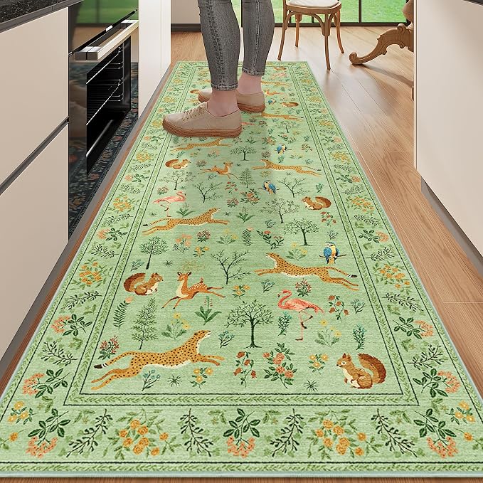 DUKINO 2.6x8 Rug for Hallway, Washable Kitchen Rugs Non Slip, Light Green | Low Pile, Stain Resistant, Soft Animal Indoor Carpet Runner for Entryway, Bedroom, Bathroom, Laundry, Lightweight, Home Decor