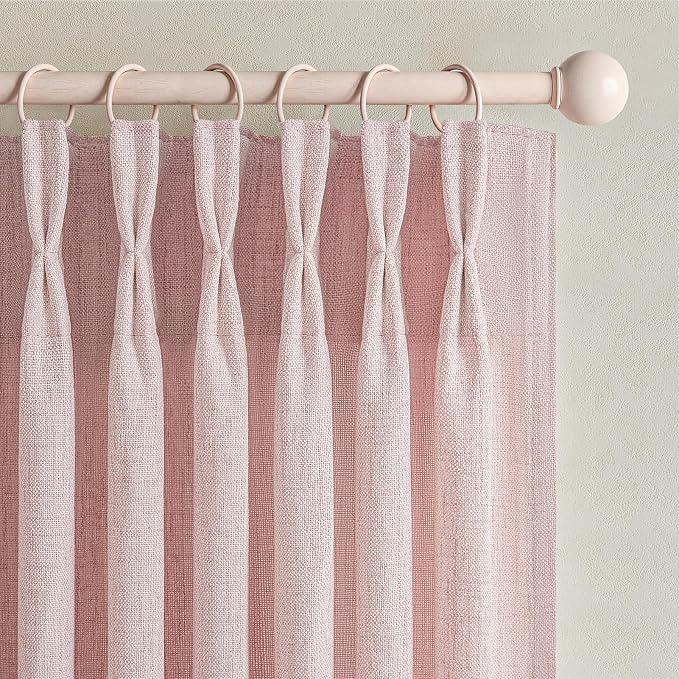 Pretty Light Pink Semi Sheer Curtains 96 Inches Long for Living Room 2 Panels Set, Memory Shaped Pinch Pleated 8 FT Faux Linen Light-Filtering Nursery Curtain Back Tab Elegent Window Drapes W40 x L96