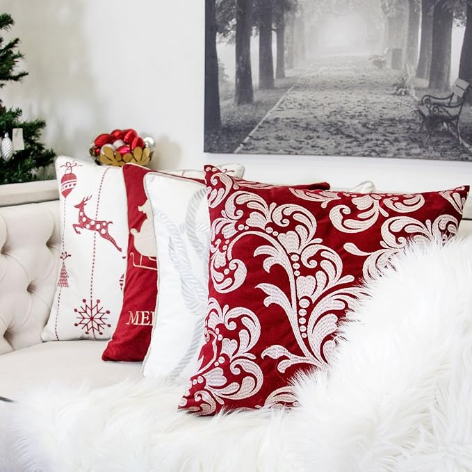 Embroidery White Velvet Throw Pillow Cover, Merry Christmas Series Gift Knot Luxury Soft Fuzzy Cozy Warm Slik Gift Square Couch Cushion Pillow Case 20 x 20 Inch, Cover Only