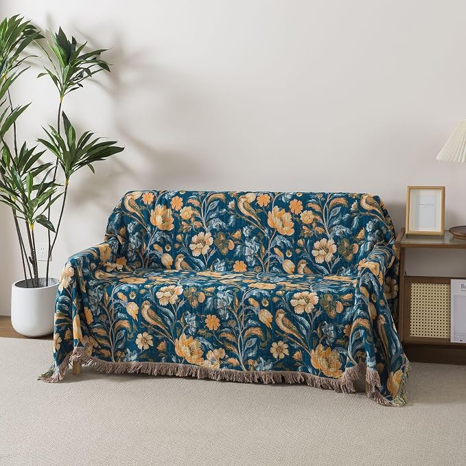 Phuryllic Boho Throw Blanket Twin Size, Soft Cozy Cotton Muslin Quilt Blanket for Bed Decor, Floral Patterned Couch Sofa Chair Cover, Vintage Farmhouse Cottage Tapestry Woven Blanket, Teal&Taupe