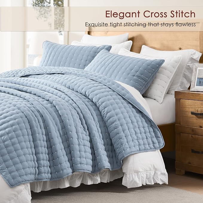 WDCOZY Twin Quit Size Bedding Sets with Pillow Sham, Lightweight Soft Bedspread Coverlet, Quilted Blanket Thin Comforter Bed Cover for All Season, 2 Pieces, 68x90 inches, Blue