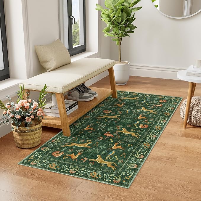 DUKINO 2x4 Rug for Entryway, Animal Washable Runner Rug for Kitchen, Green | Non Slip, Low Pile, Stain Resistant Thin Indoor Carpet for Hallway, Bedroom, Bathroom, Laundry, Pet Friendly, Non-Shedding