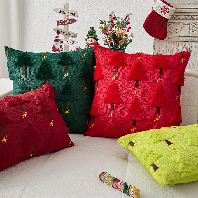 Kevin Textile Christmas Tree Pillow Covers 18x18 Inch Set of 2 Twinkle Golden Star Embroidery Soft Plush Faux Fur Throw Pillowcases for Couch Sofa Holiday Festivals Winter Xmas Gift, Dark Green