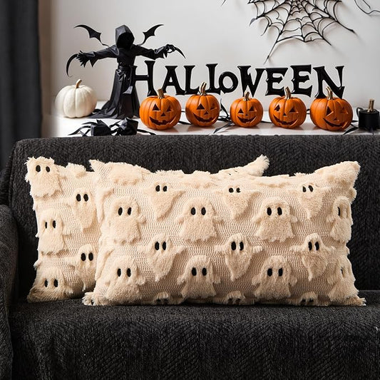 DFXSZ Halloween Pillow Covers 12x20 inch 2Pcs Beige Ghost Halloween Decor