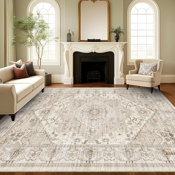 AooHHooA Washable Area Rug 8x10 Soft Stain Resistant Boho Vintage Rugs with Non Slip Backing, Low Pile Lightweight Large Rug for Living Room Bedroom Dining Room