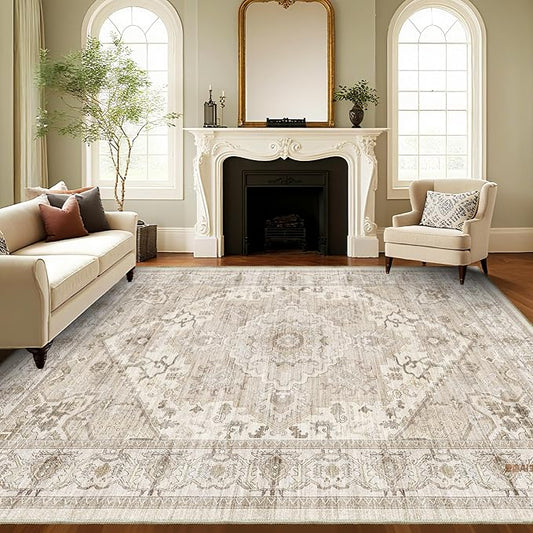 AooHHooA Washable Area Rug 8x10 Soft Stain Resistant Boho Vintage Rugs with Non Slip Backing, Low Pile Lightweight Large Rug for Living Room Bedroom Dining Room