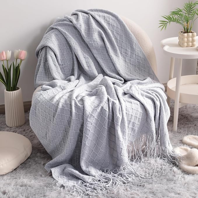 NTBAY Acrylic Knit Throw Blanket, 51 x 67, Light Grey Checkered | Lightweight Acrylic Wave-Knit Throw with 7 Inch Tassels for Sofa, Bed, Reading, Travel, and Decorative Layering