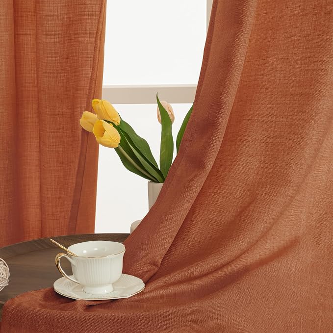 Terracotta Linen Curtains for Living Room 102 Inch Length 2 Panels | Rust Fall Decor, Light Filtering, Farmhouse, Semi Sheer, Privacy Protected, Boho Bedroom Drapes, Grommet, 52 x 102 Inch