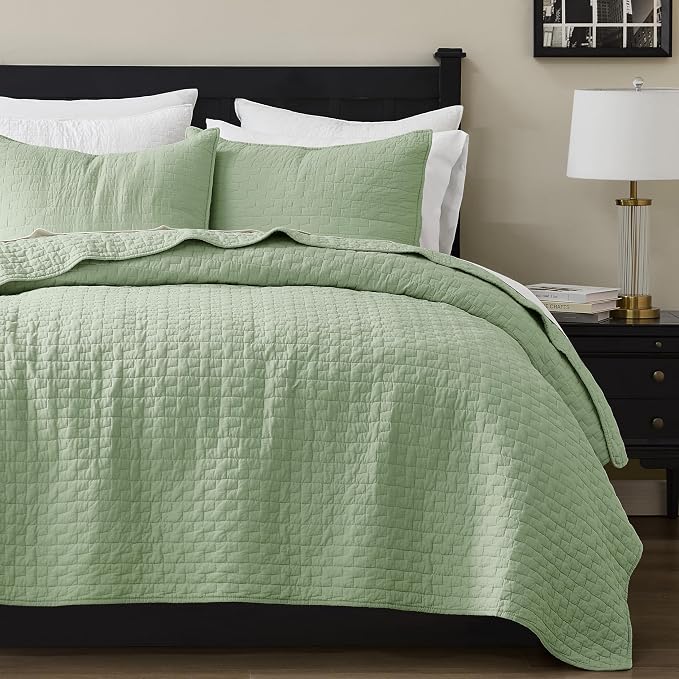palassio Sage Green 100% Cotton Quilt King Size Bedding Sets with 2 Pillow Shams, Textured Lightweight Soft Bedspread Shabby Chic Coverlet, Quilted Comforter Bed Cover for All Season, 3 Pieces