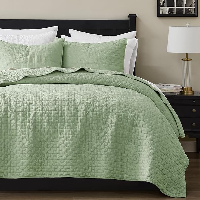 palassio Sage Green 100% Cotton Quilt Queen Size Bedding Sets with 2 Pillow Shams, Textured Lightweight Soft Bedspread Shabby Chic Coverlet, Quilted Comforter Bed Cover for All Season, 3 Pieces