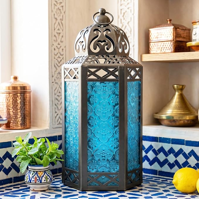 Vela Lanterns Decorative Indoor Candle Holder Table Centerpieces - Moroccan Hanging Outdoor Patio & Porch Home Decor, Turkish Lamp for Wedding, Ramadan (Large 12", Blue Glass)