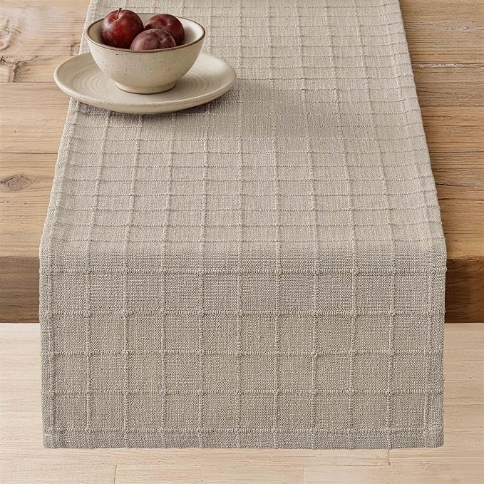 ZeeMart Artisanal Grid Linen Table Runner, 13x48 Inches Oatmeal | Heavy Textured, Durable Thick Fabric, Farmhouse Handwoven Feel Linen Runner, Easy Care Table Decor for Kitchen Dining Room