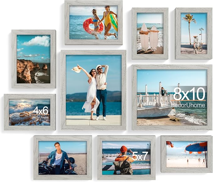 decorUhome 10 Pack Assorted Picture Frame Set for Wall & Tabletop, P0710GR | Grey, Multi Size Picture Frame Includes Two 8x10 / Four 5x7 / Four 4x6 for Family Gallery Wall
