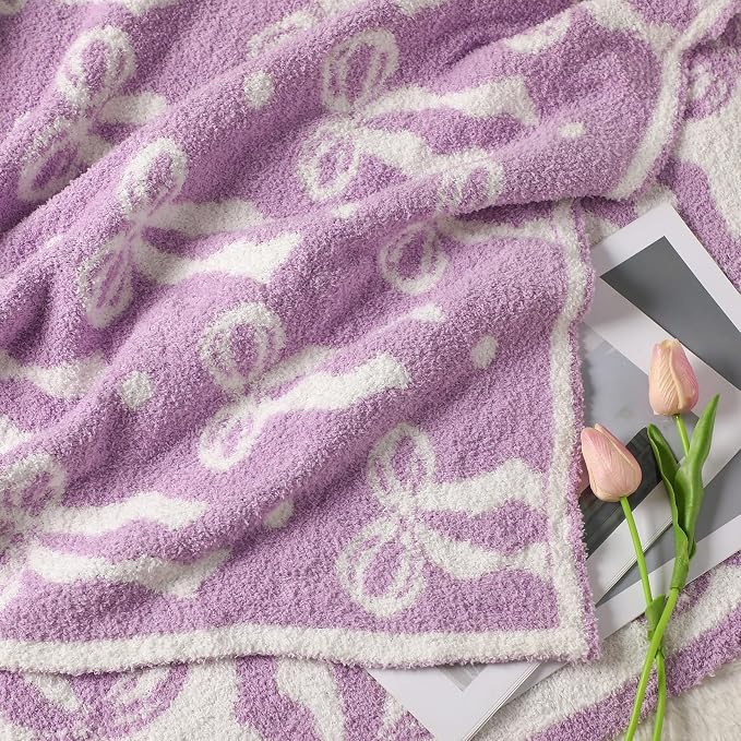 Buryeah Purple Bow Blanket Soft Microfiber Double Sided Bow Throw Blanket 50"x 60" Coquette Aesthetic Dormitory Room Decor Plush Sofa Chair Bedding Stuff for Women, Christmas Fall Thanksgiving Gifts