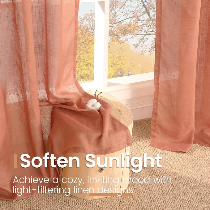 BGment Terracotta Linen Curtains 48 Inch Length, Burnt Orange Light Filtering Drapes Semi Sheer with Rod Pocket Rustic for Living Room Bedroom Lightweight, 2 Panels Set, Each 42 Inch Wide