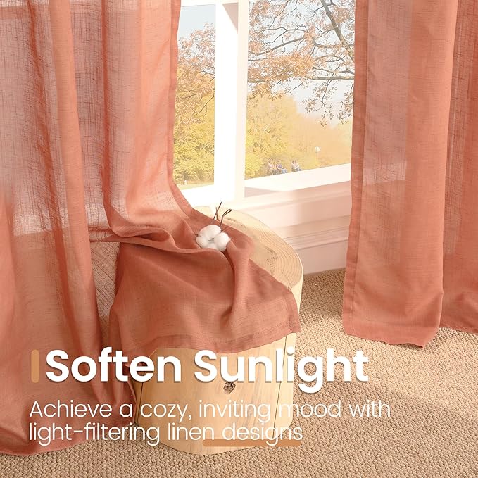 BGment Terracotta Linen Kitchen Curtains 36 Inch Length, Small Semi Sheer Textured Drapes Boho Rustic Decor for Bathroom Cafe Over Sink Rod Pocket Burnt Orange, 2 Panels, Each 30 Inch Wide