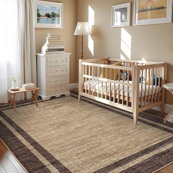 COZYLOOM 9x12 Area Rug for Bedroom Modern Washable Kids Room Rug with Rubber Backing, Stain Resistant Bordered Rugs Non Shedding Low Pile Minimalist Carpet for Living Room, Dining Room, Brown