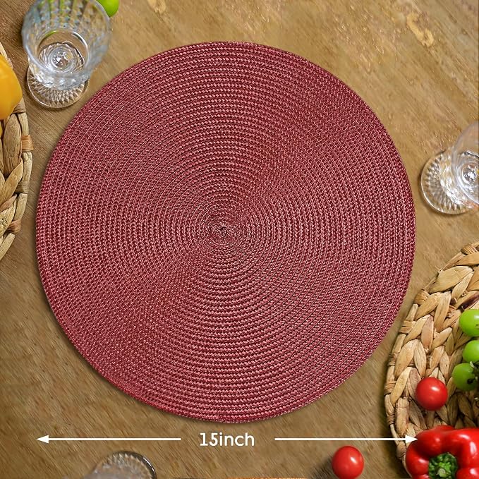 FunWheat Round Braided Placemats Set of 8 Table Mats for Dining Tables Woven Washable Non-Slip Place mats 15 inch(Wine,8pcs)