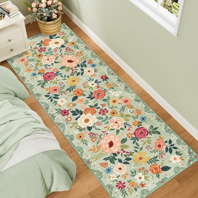 DUKINO 2.6x8 Runner Rug, Washable Runner Rug for Hallway Non Slip, Green | Low Pile, Soft, Floral Indoor Rug for Kitchen, Entryway, Bedroom, Bathroom, Pet Friendly, Stain Resistant, Modern Home Decor