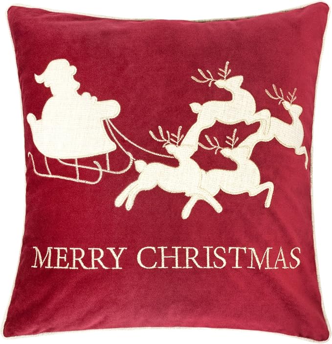 Embroidery Red Velvet Throw Pillow Cover, Merry Christmas Series Santa Claus Sledge Luxury Soft Fuzzy Cozy Warm Slik Gift Square Couch Cushion Pillow Case 20 x 20 Inch, Cover Only