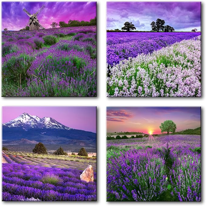 Lavender Flowers Wall Art Decor Canvas Prints Purple Floral Pictures Painting Artwork Framed 16x16 Inch 4 Panels Modern Landscape Still Life Photos Home Decoration Ready to Hang Bedroom Bathroom