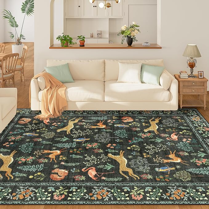 DUKINO 9x12 Area Rug for Living Room, Washable Animal Rug Non Slip, Black | Low Pile, Non-Shedding, Soft Indoor Large Carpet for Bedroom, Dining Room, Kids PlayRoom,Nursery, Farmhourse, Pet Friendly