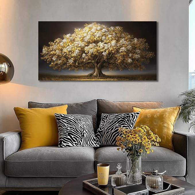 DNIEOTU Tree Wall Art for Living Room, White Flower and Gold Leaves Canvas Wall-Decor for Bedroom, Landscape Picture Prints for Hallway Office, Size 40 x 20 Inches
