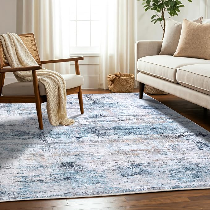 Machine Washable Area Rug, Soft & Durable, Non-Slip, Stain Resistant Rug for Bedroom, Living Room, Dining Room, High Traffic Areas. (Blue/White Abstract, 9' X 12')