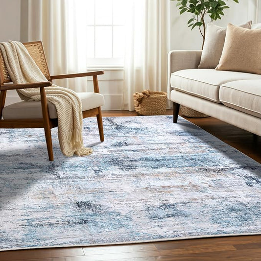 Machine Washable Area Rug, Soft & Durable, Non-Slip, Stain Resistant Rug for Bedroom, Living Room, Dining Room, High Traffic Areas. (Blue/White Abstract, 5' X 7')