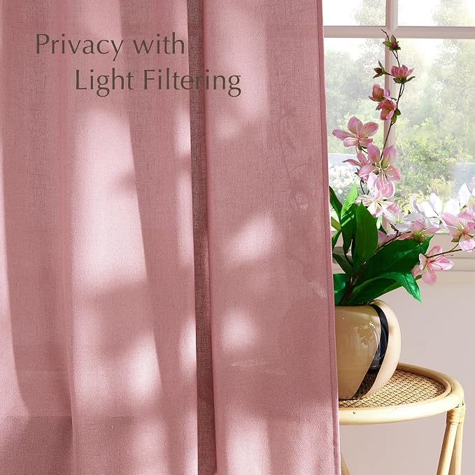 NICETOWN Thick Pink Sheer Curtains 96 inches Long for Girls Room, Rod Pocket & Back Tab Flax Linen Burlap Window Treatments Privacy Assured with Light Filtering for Bedroom, W55 x L96, 2 Panels