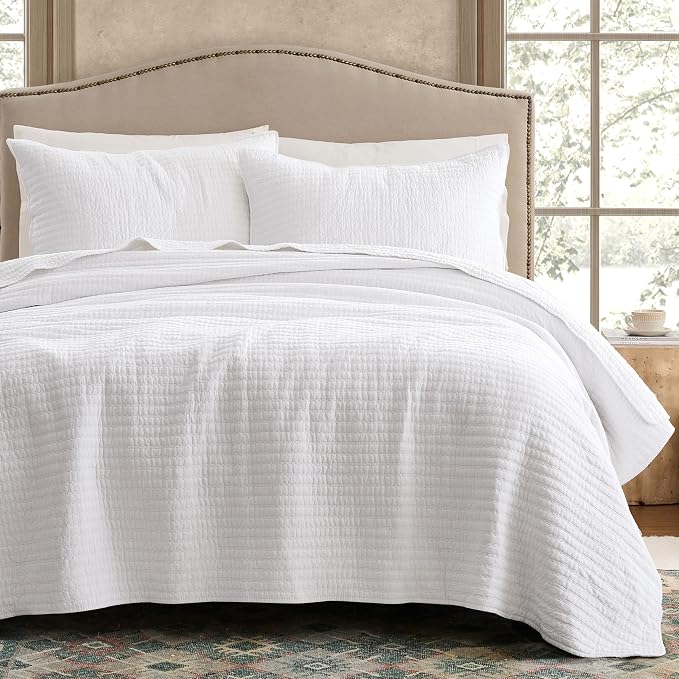 WDCOZY 100% Cotton Oversized King Size Quilt Set - White California Cal King Striped Pick Stitch Soft Lightweight Bedspread, Textured Like Linen, Farmhouse Country Rustic Coverlet, 3 Pieces