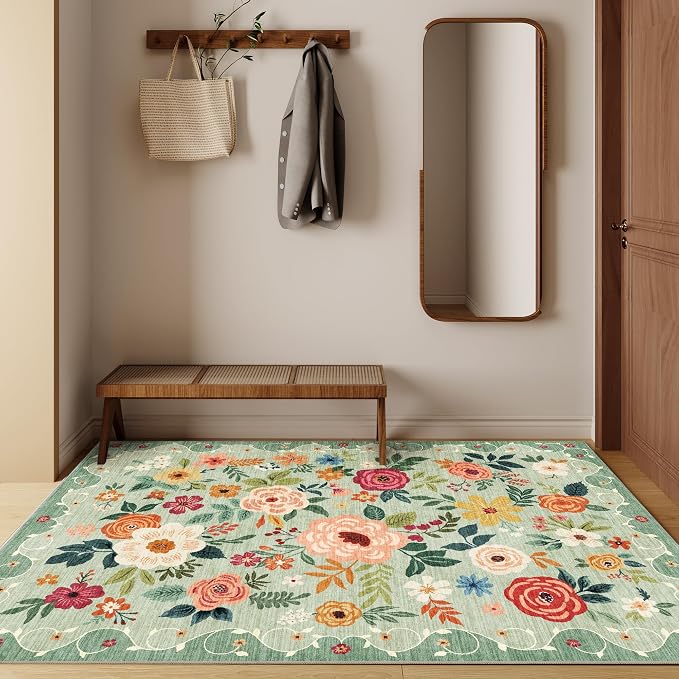 DUKINO 4x6 Area Rug, Floral Washable Rug Non Slip Office Chair Mat, Green | Low Pile, Stain Resistant, Soft Indoor Rug for Bedroom, Living Room, Dining Room, Kids Room, Pet Friendly, Modern Home Decor