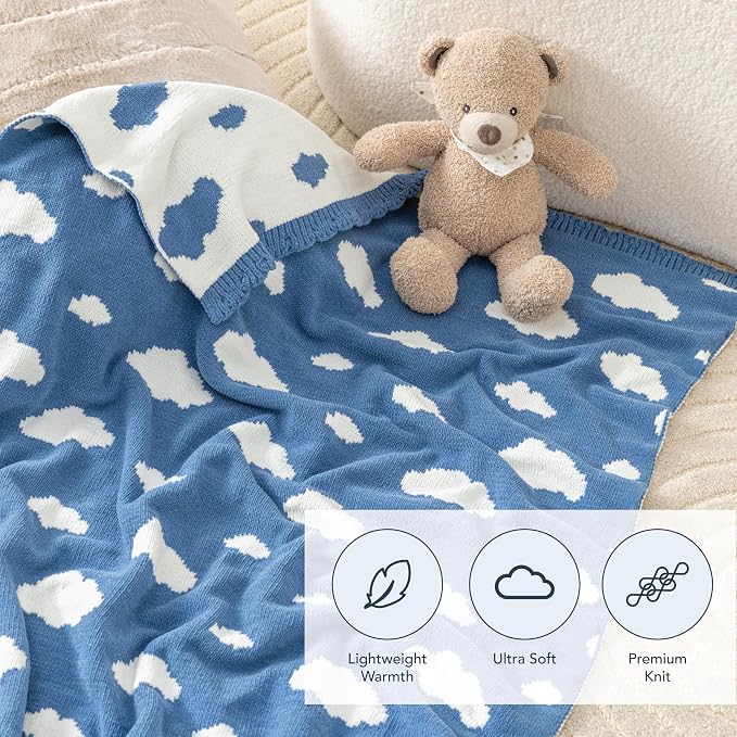 Berkshire Chenille Knit Throw Blanket,Ultra-Plush Reversible Soft Throw,Cozy Couch & Bed Blanket with Cute Pattern,Ideal Gift(30x40 Inches,Bouncy Clouds Harbor Blue)